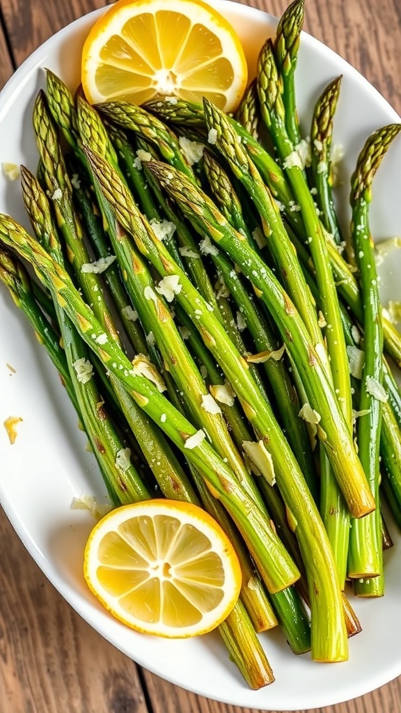 Roasted asparagus with garlic and lemon zest on a white plate, garnished with Parmesan cheese.